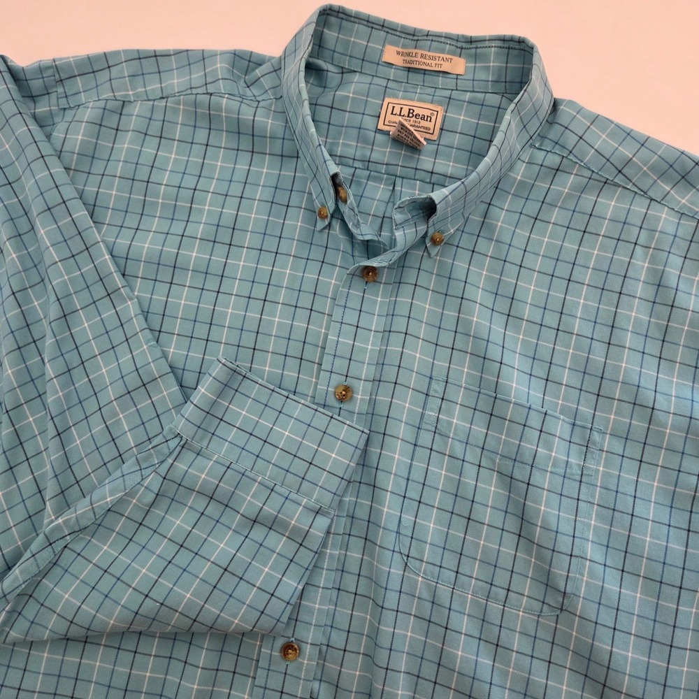 L.L. Bean Button Down Shirt Teal Blue Check Wrinkle Resistant Mens XXL REG